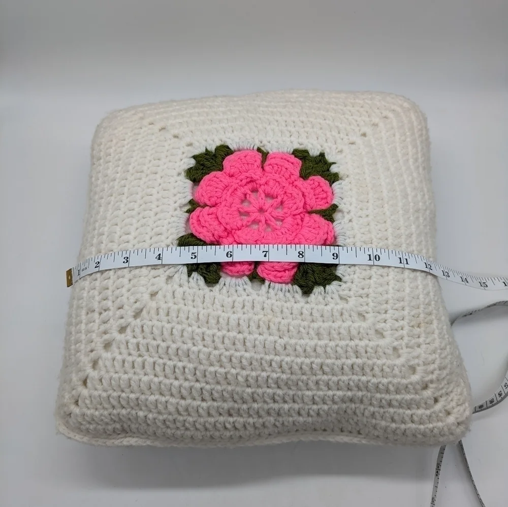 Vintage White Pink Crochet Granny Square Floral Pillow